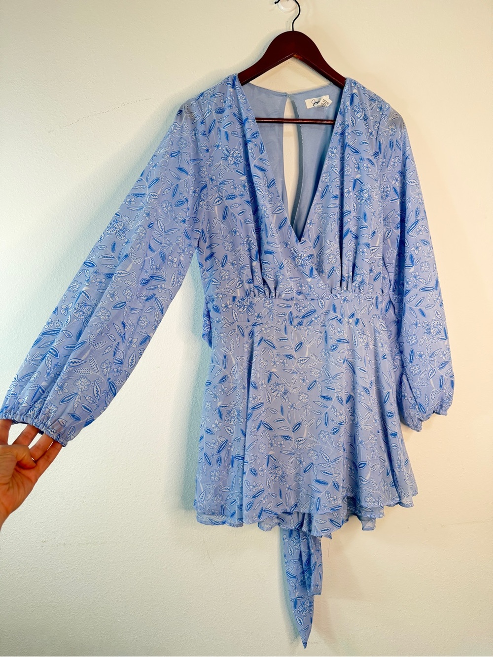 Japna Baby Blue Boho Floral Romper Mini Dress Smocked Waist Balloon Sleeve XL